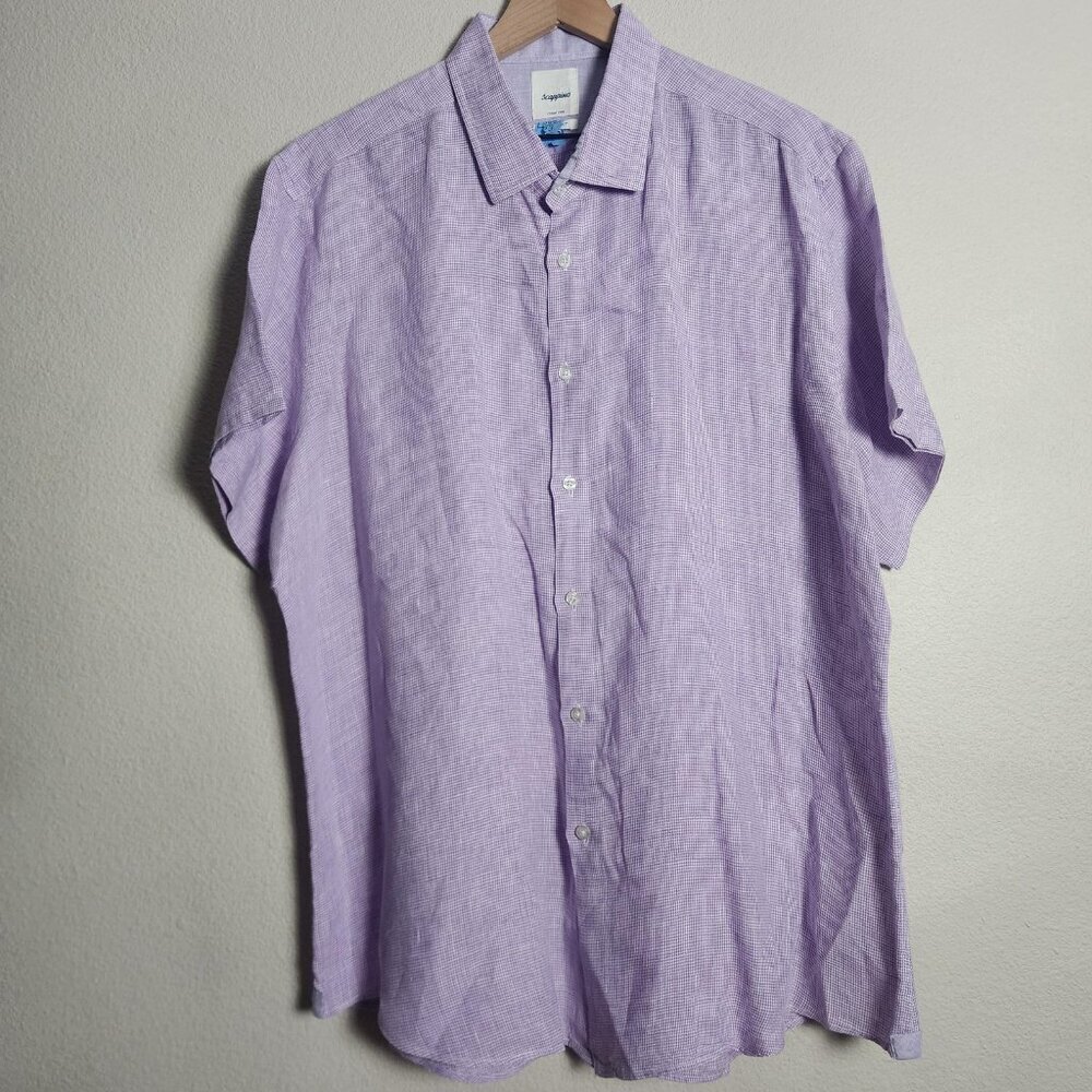 Scappino Shirt Mens 2XL Purple Check Linen Short Sleeve Regular Fit Button Up